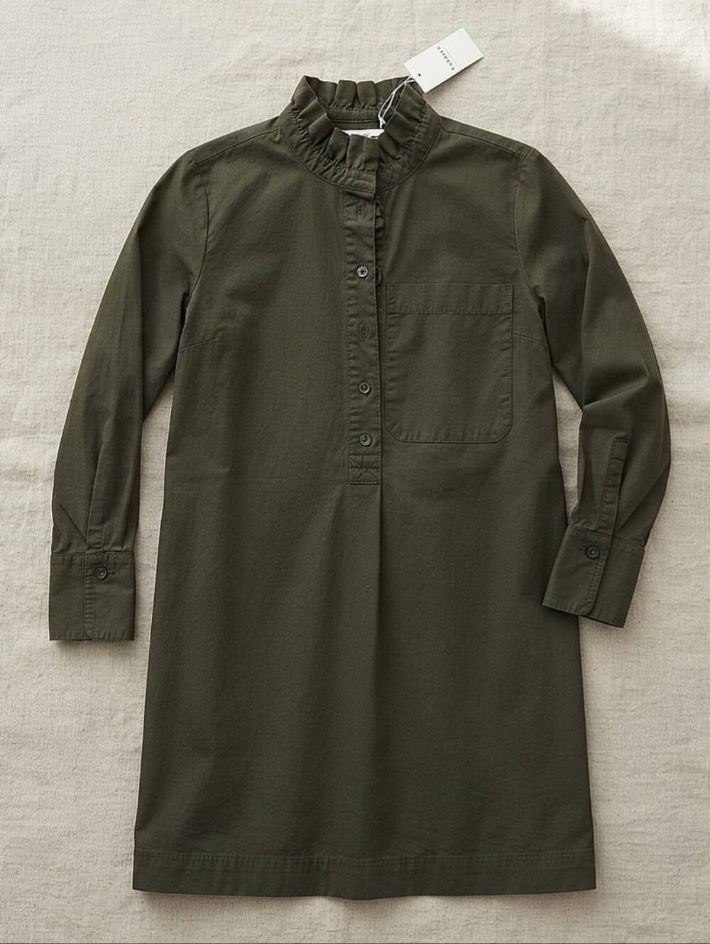 Olive Green Cotton Poplin Ruffle-Neck Tunic Dress: Long Sleeve Popover Utility S